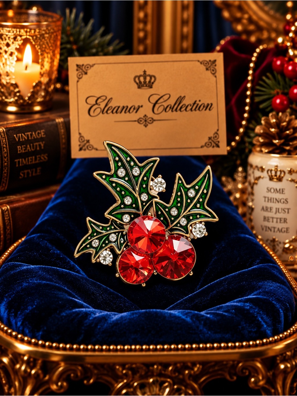 The Eleanor Collection Antique Gold Holly Berry Crystal Brooch.NWT
